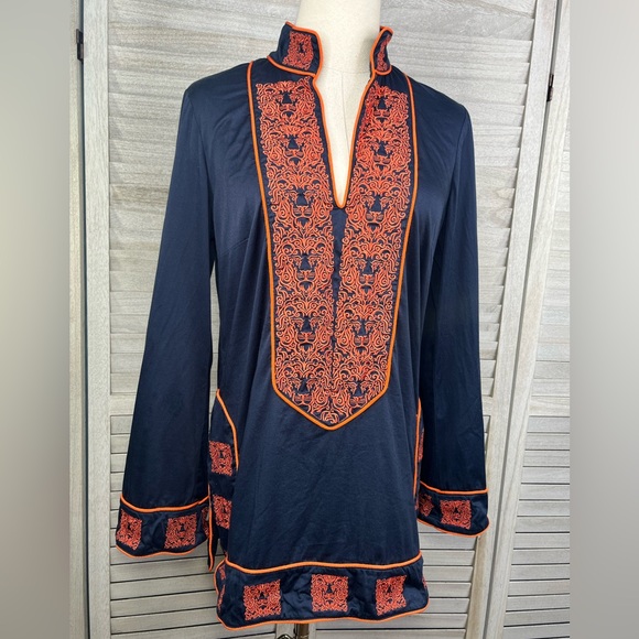 ELIZABETH MCKAY Embroidered Tunic Top Resort Wear Navy/Orange-8 - Picture 2 of 4
